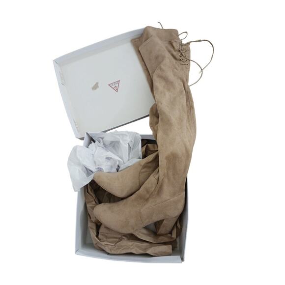 Guess Over Knee Boots Sz 8 TAN Nude High Block Heel Gold Zip w BOX Dressy Glam - Picture 2 of 16